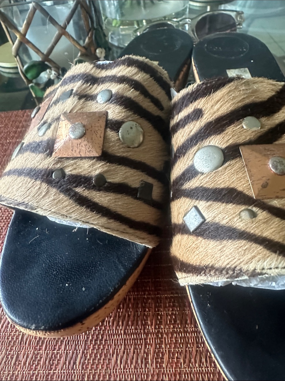 Animal Print Slide Mules with Stud Detail - Brown/Black